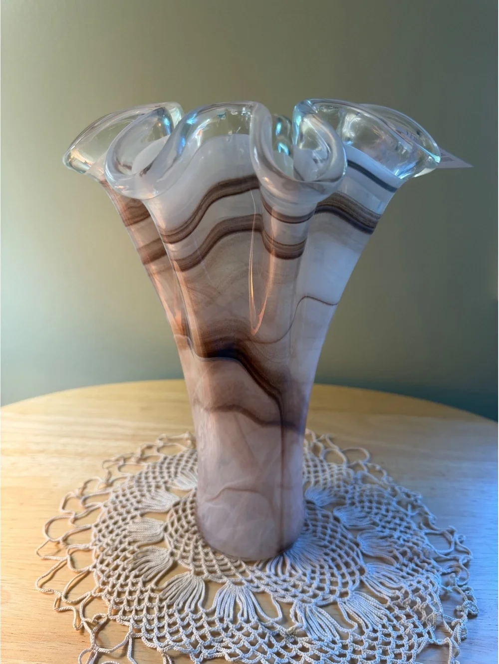Tammaro Home Italian Art Glass Vase with Ruffled Edge and Brown Swirl Design
